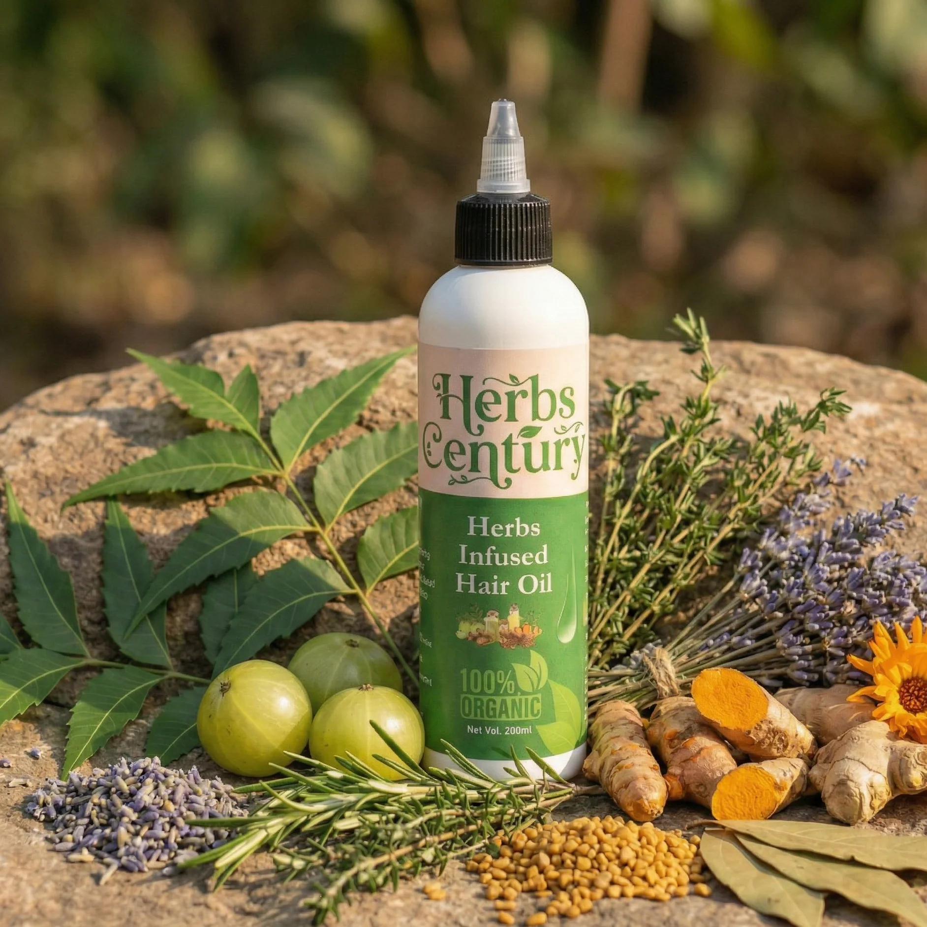 Herbs Century 100% organic herbal hair oil bottle surrounded by fresh botanicals